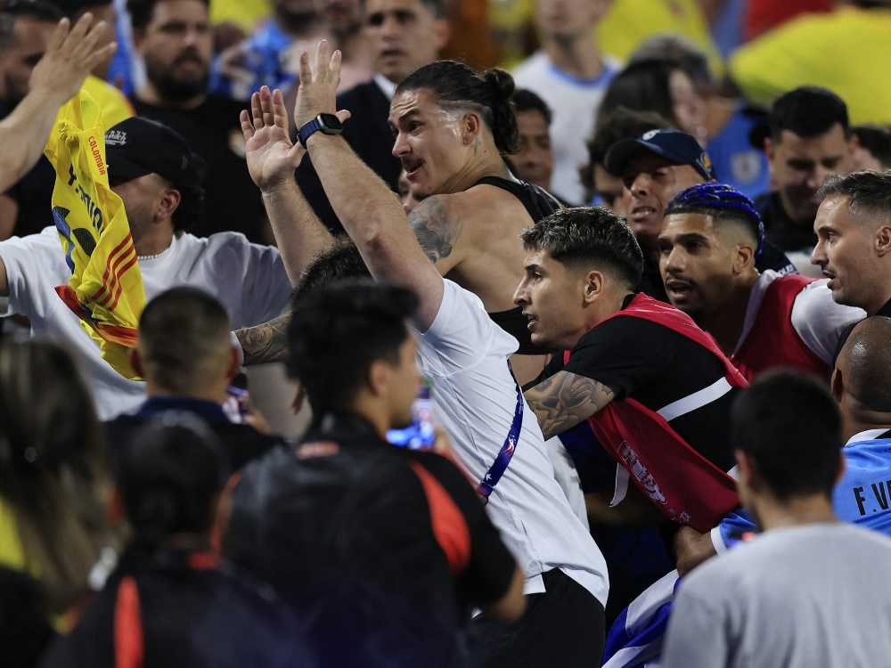 Darwin Nunez (oben) im Handgemenge auf der Tribüne (Foto: GETTY IMAGES NORTH AMERICA/GETTY IMAGES NORTH AMERICA/SID/BUDA MENDES)